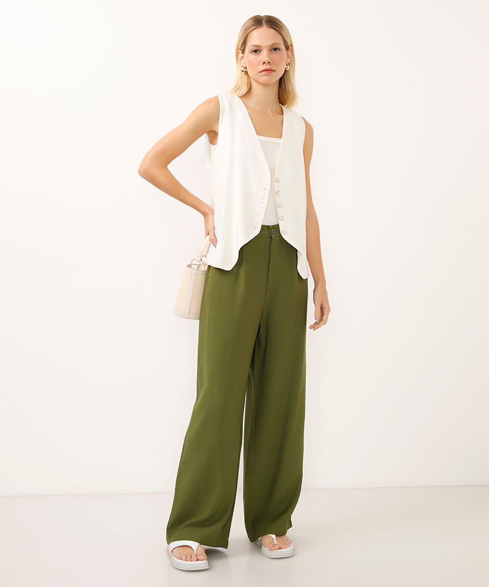 calça wide leg de viscose cintura alta - verde