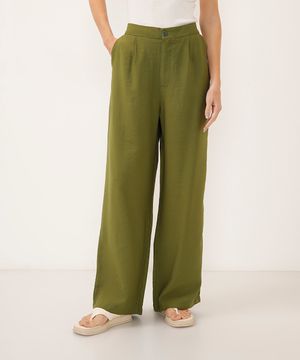 calça wide leg de viscose cintura alta com bolsos verde