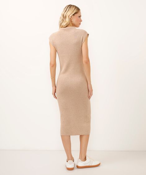 vestido de tricot gola alta manga japonesa bege