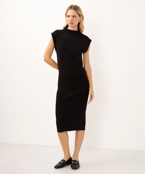 vestido de tricot gola alta manga japonesa preto
