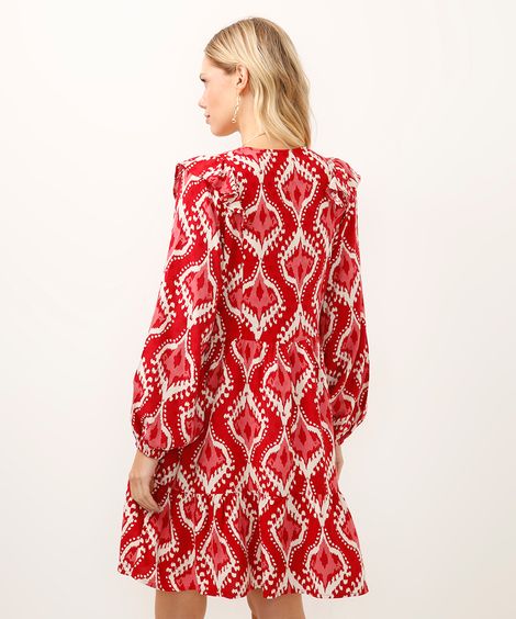 vestido curto manga bufante com babados arabesco vermelho