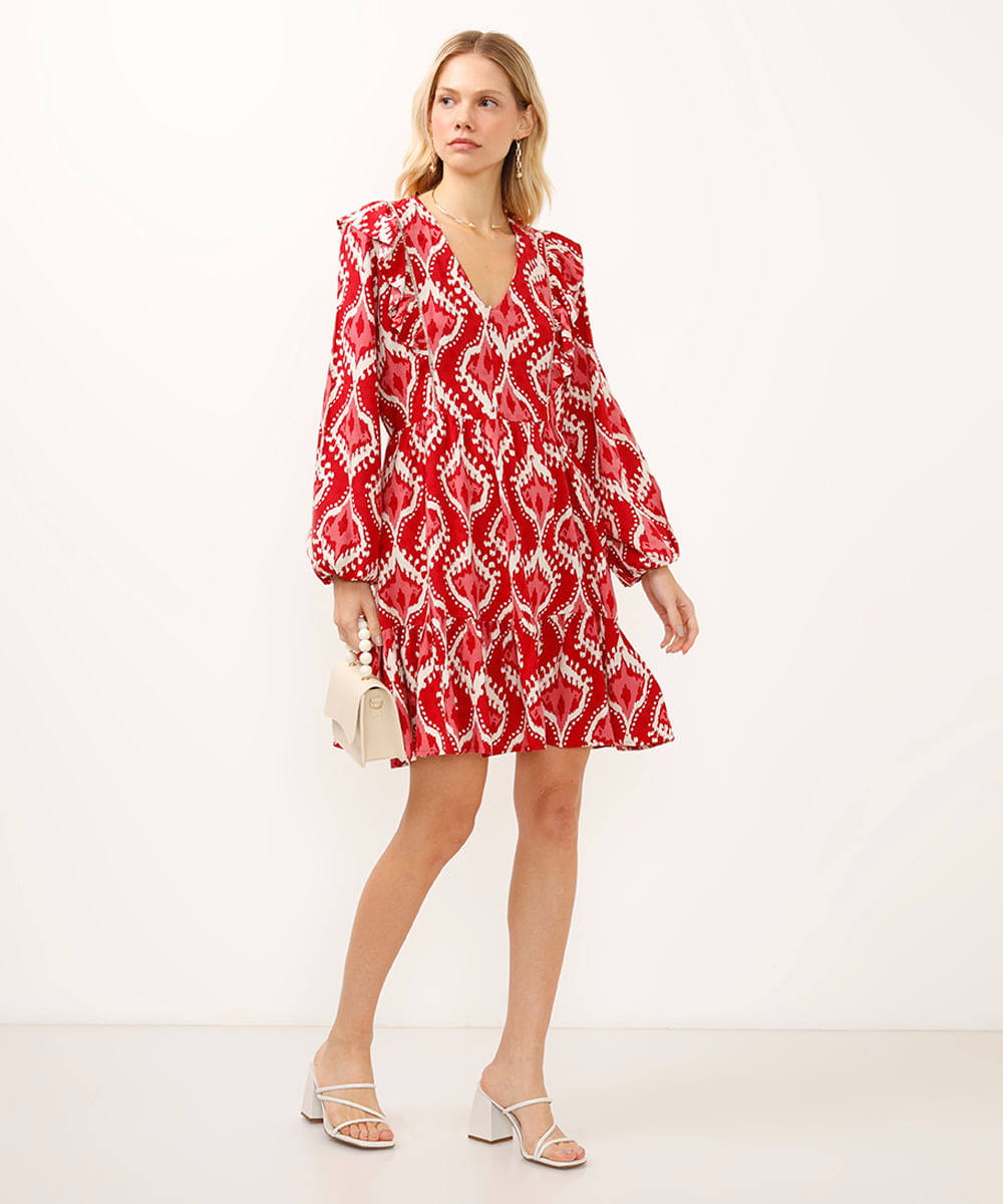 vestido curto manga bufante com babados arabesco vermelho