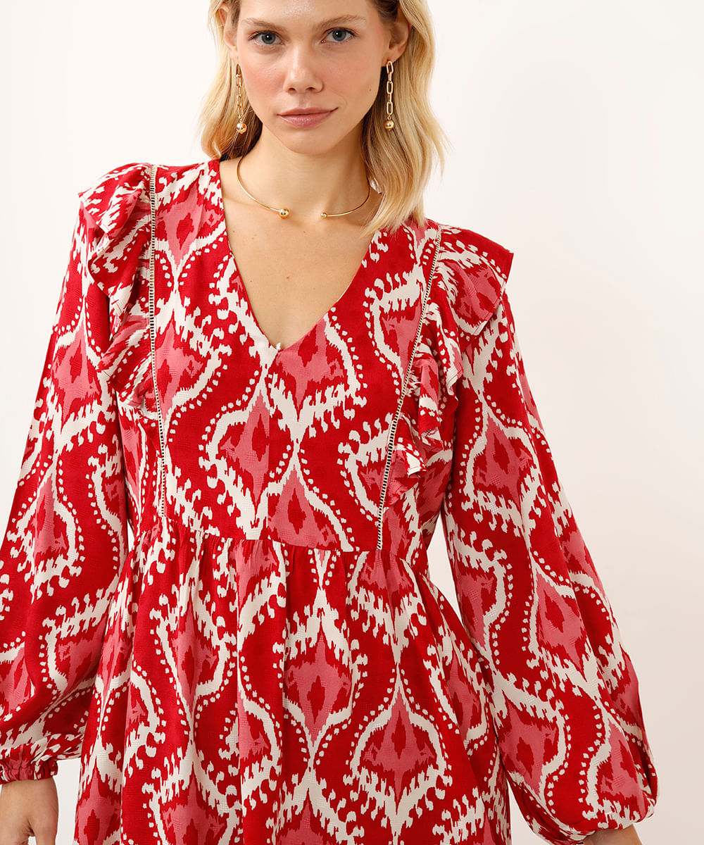 vestido curto manga bufante com babados arabesco vermelho