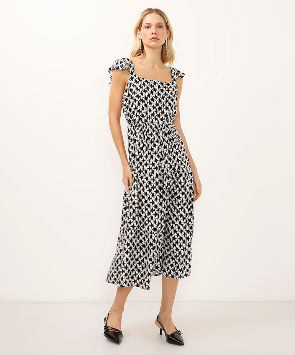 vestido midi alça fina com babados geométrico off white