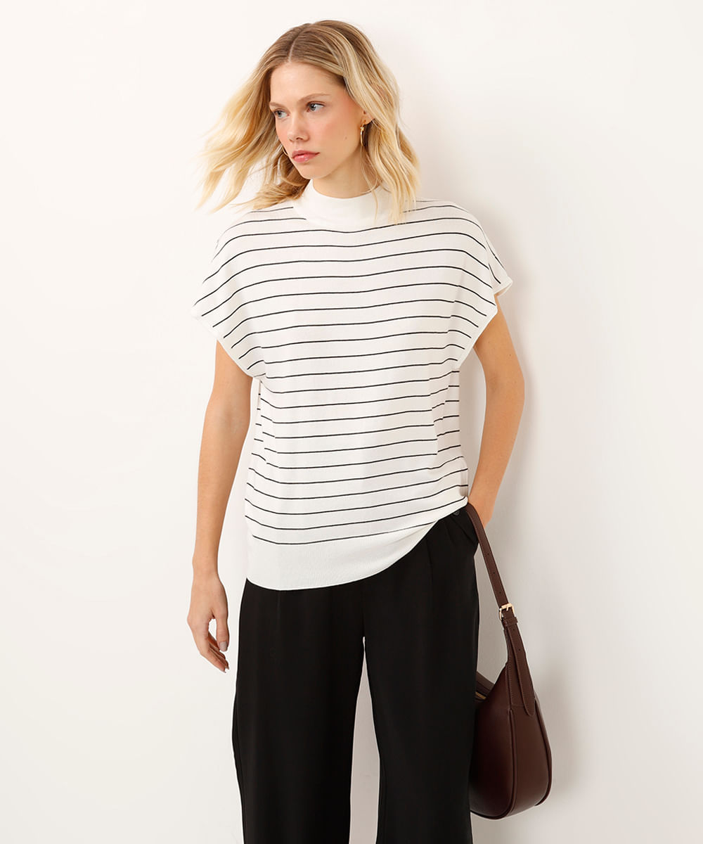 blusa de tricot muscle tee gola alta listrada off white
