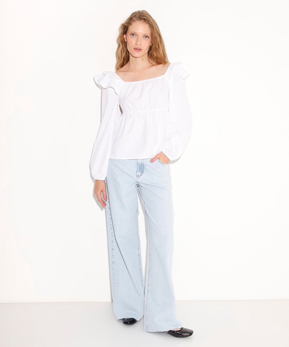 blusa bata manga longa com babado mindset off white