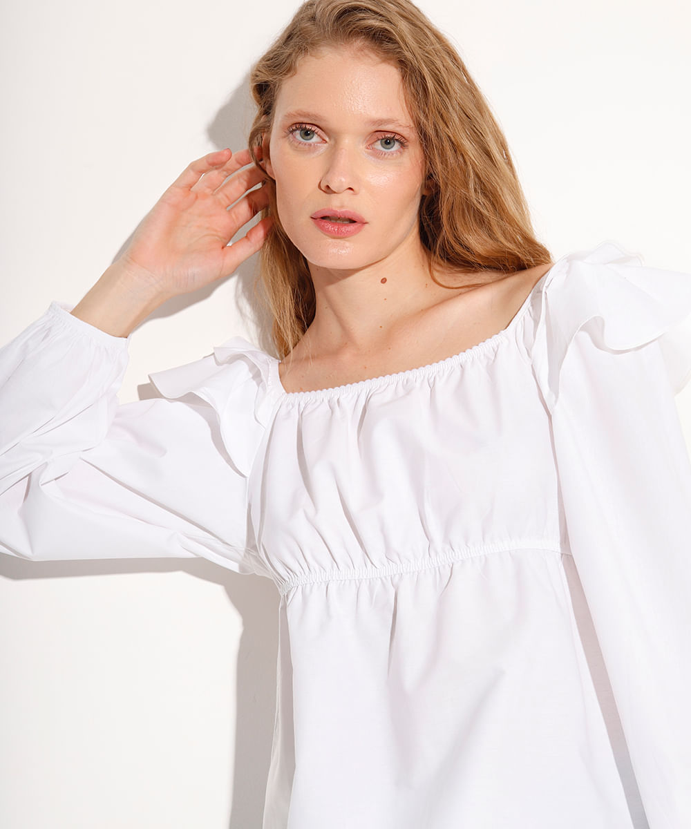 blusa bata manga longa com babado mindset off white