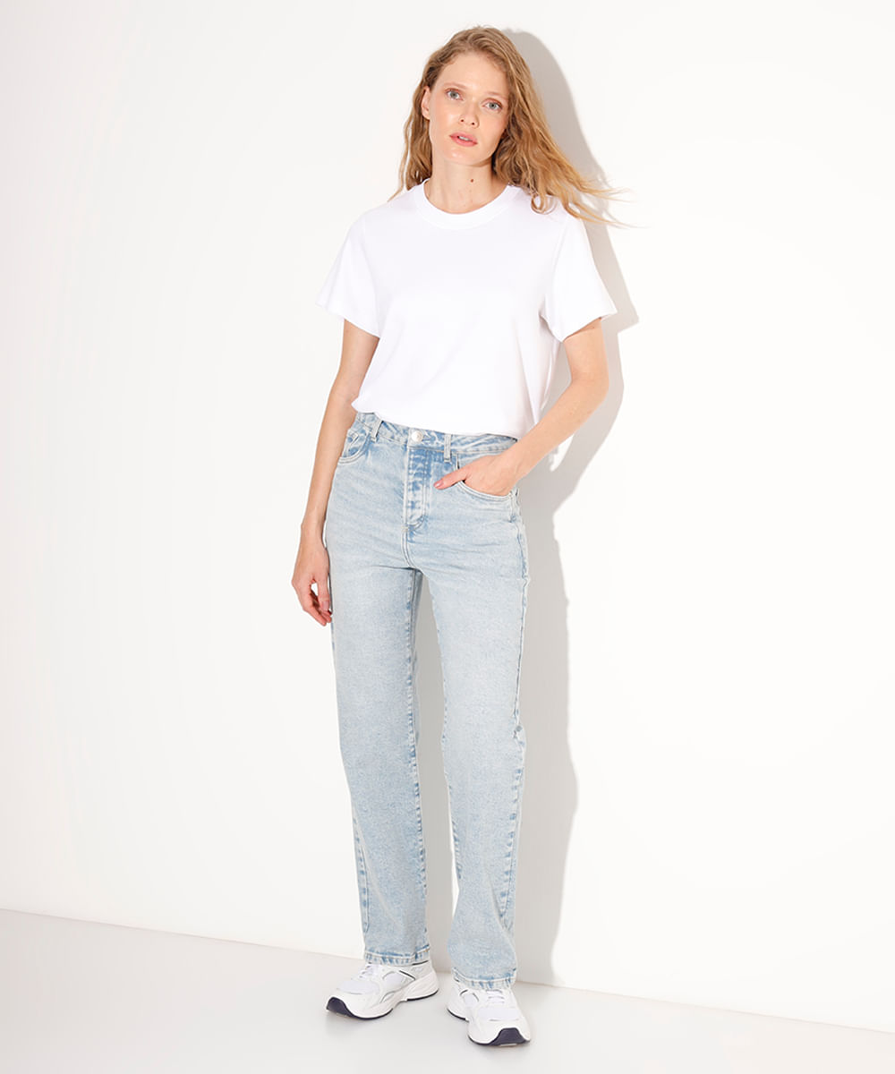 calça reta jeans com botões mindset azul