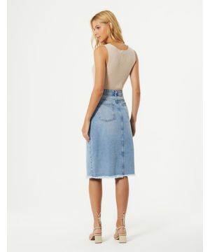 Saia Jeans Midi Com Fenda - Denim Medio