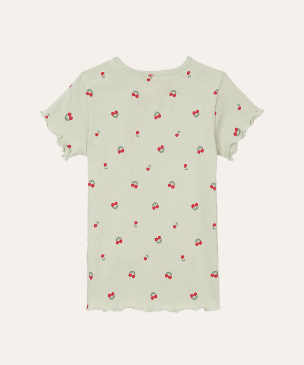 camiseta de algodão infantil manga curta cerejas verde