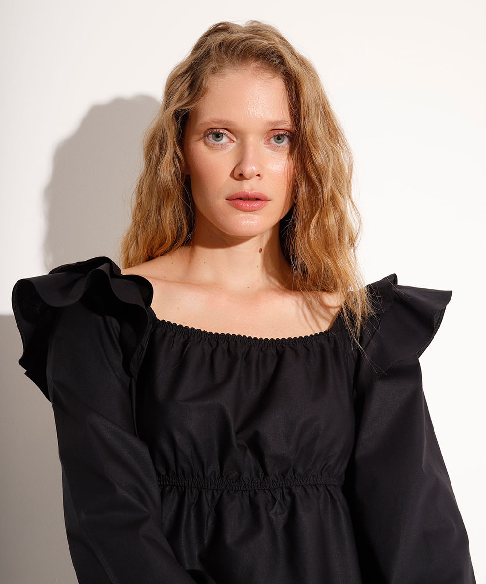 blusa bata manga longa com babado mindset preta