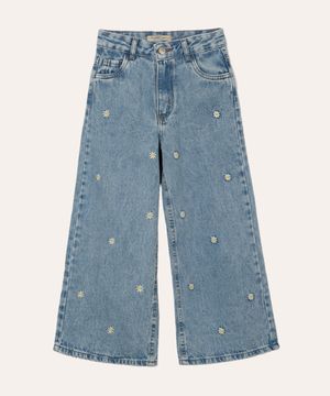 calça wide leg infantil jeans margaridas azul