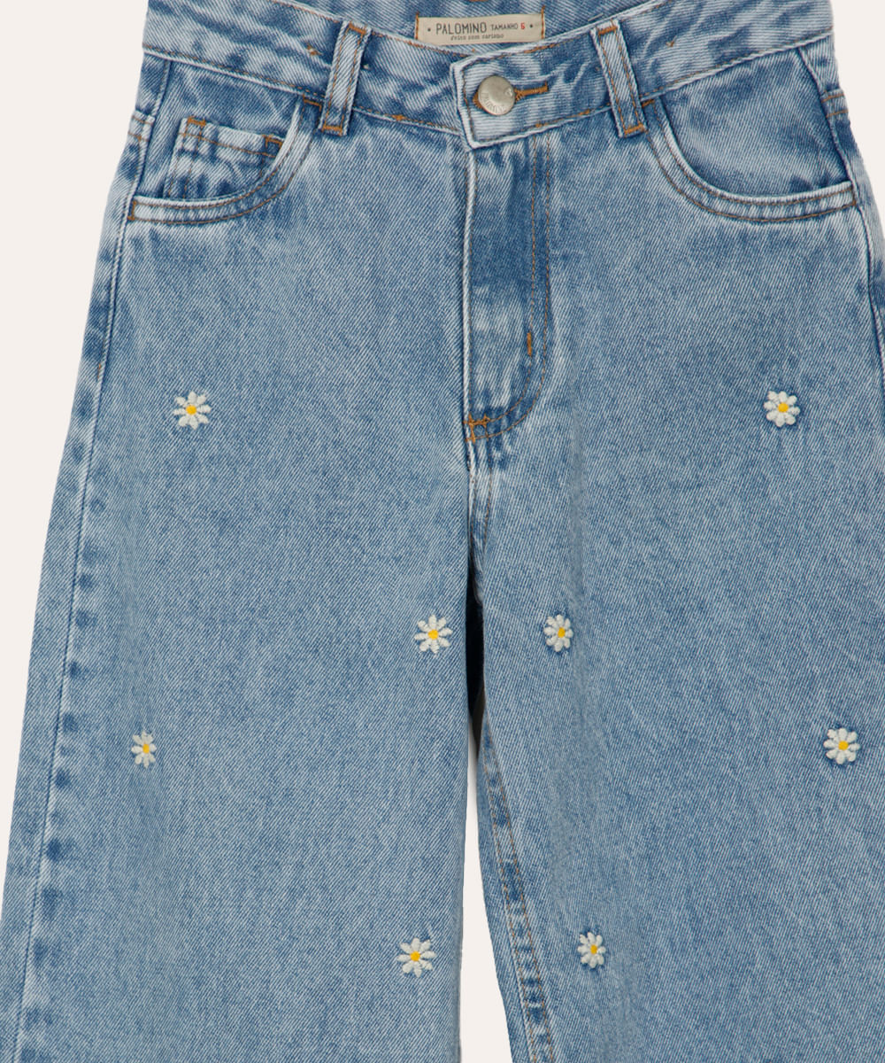 calça wide leg infantil jeans margaridas azul