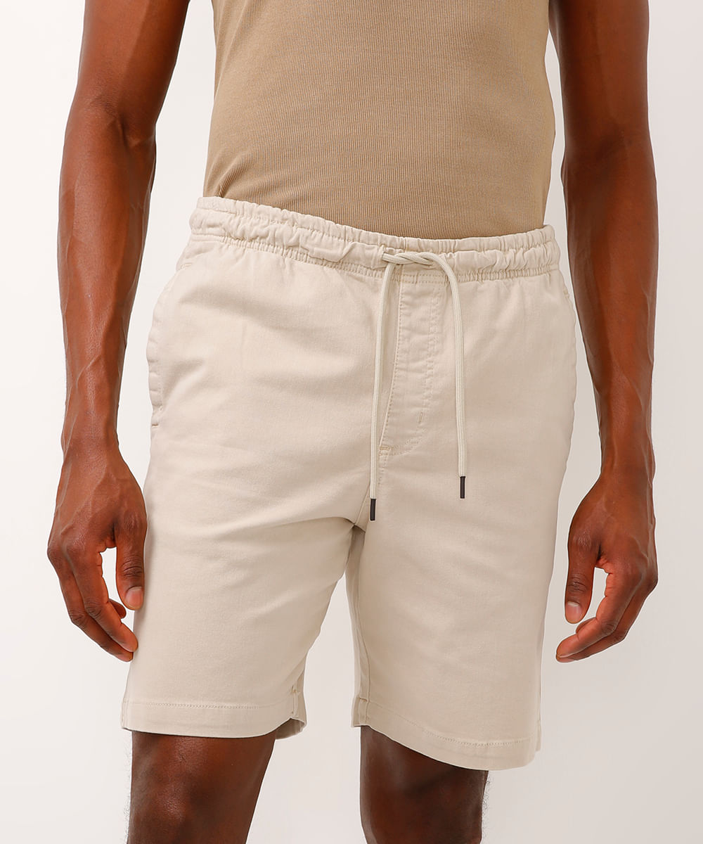 bermuda de sarja cós com elástico bege