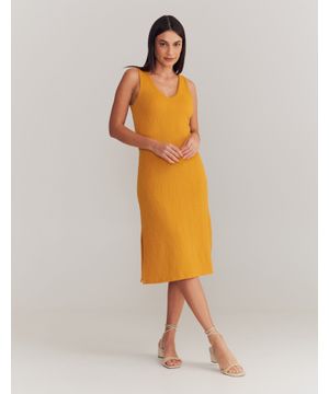 Vestido Midi Decote v Textura - Caramelo