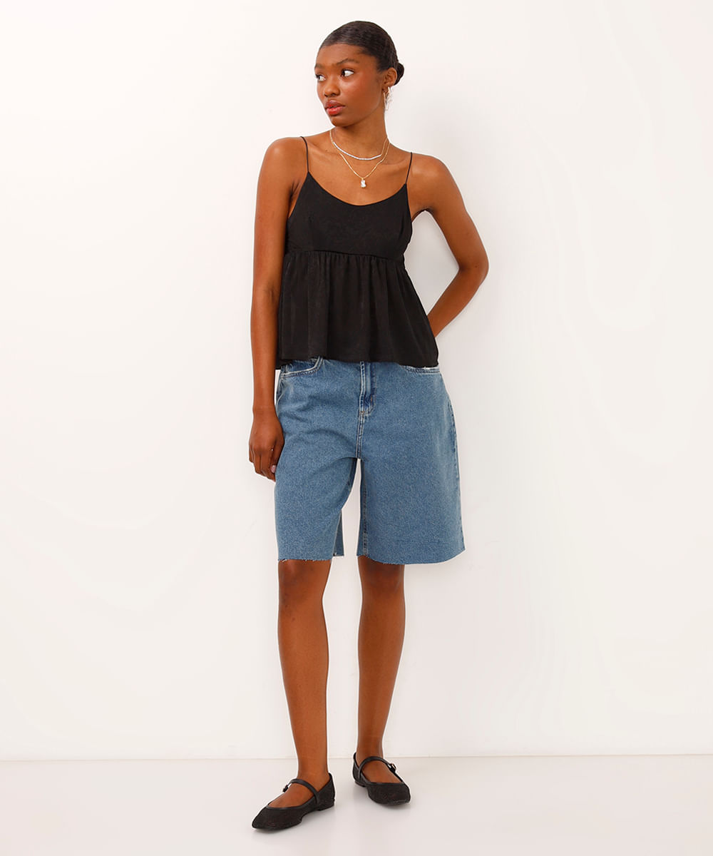 bermuda jeans relaxed cintura média azul
