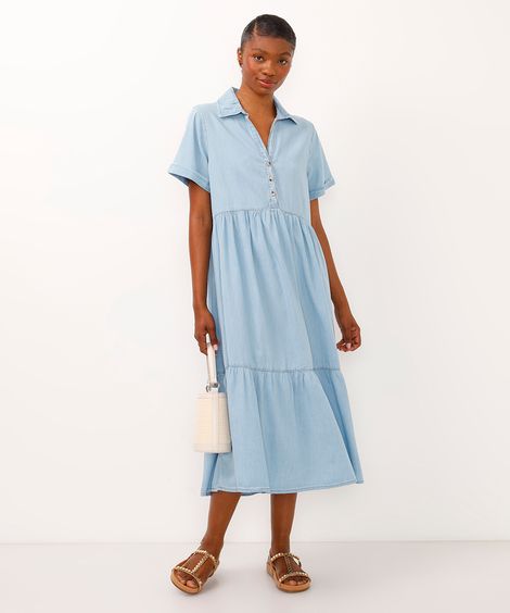 vestido midi jeans decote v azul