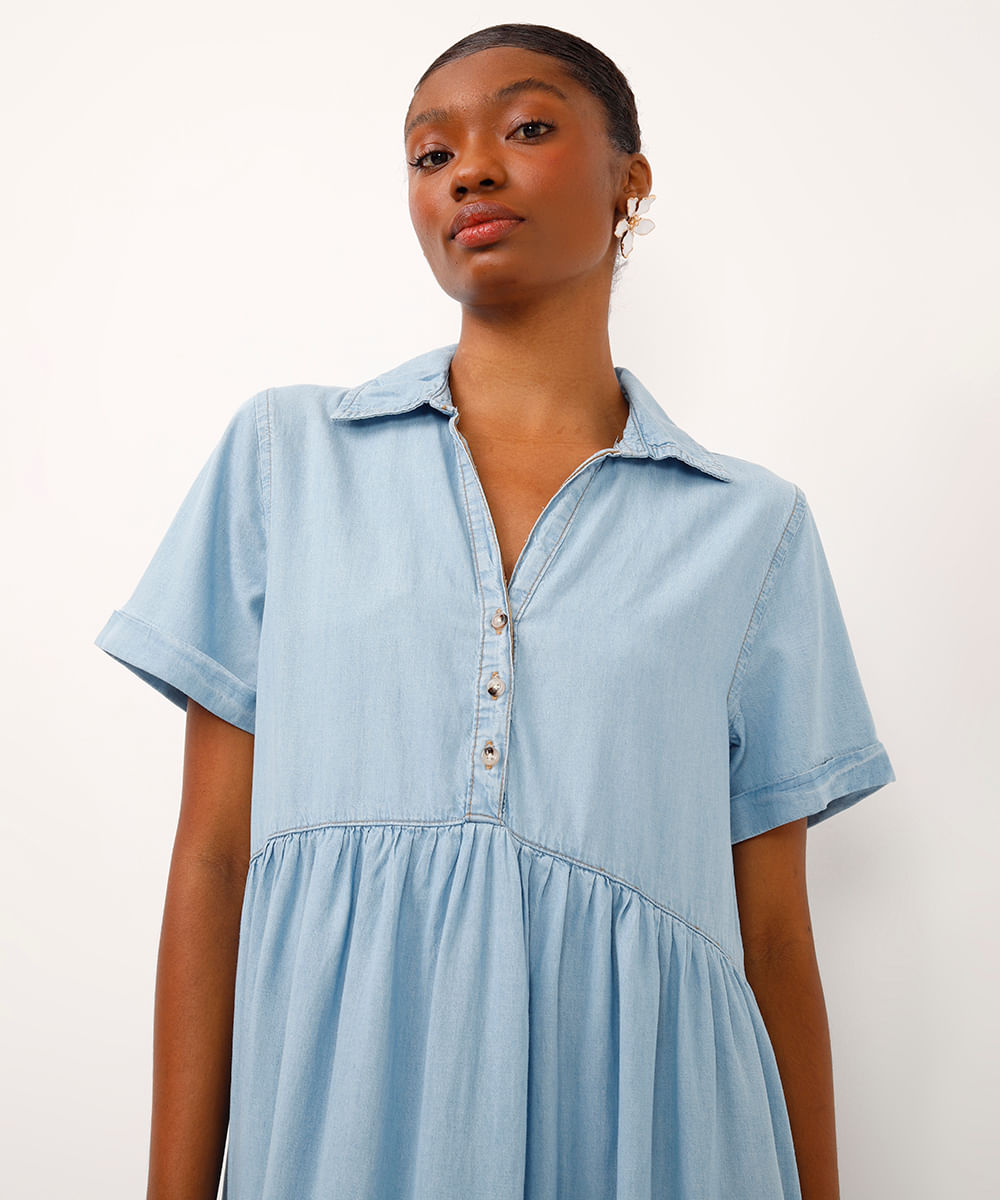 vestido midi jeans decote v azul