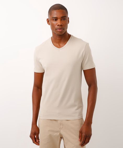 camiseta de algodão manga curta gola v slim bege