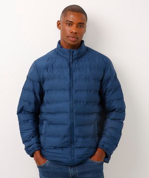 jaqueta puffer bolso com zíper azul