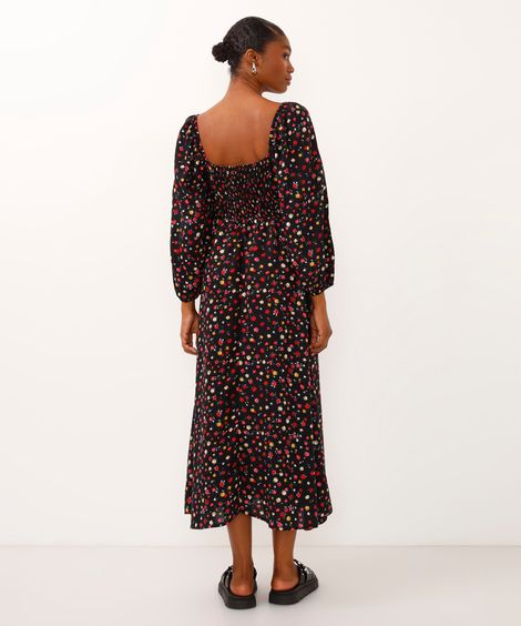 vestido midi floral com fenda preto