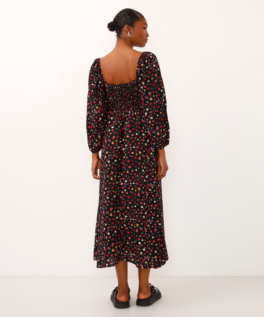 vestido midi floral com fenda preto