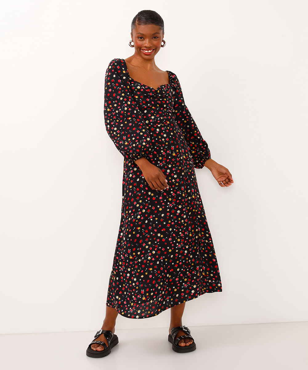 vestido midi floral com fenda preto