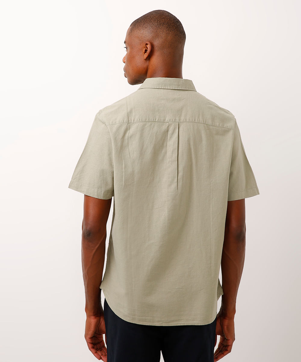 camisa comfort com linho manga curta - verde médio