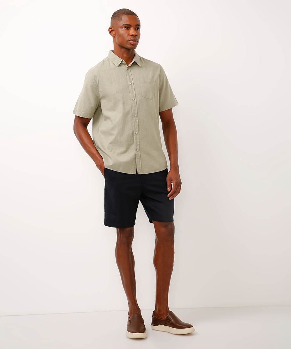 camisa comfort com linho manga curta - verde médio