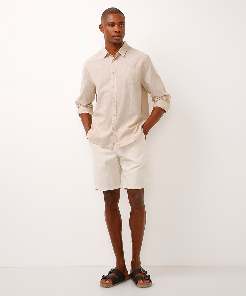 camisa comfort com linho manga longa bege