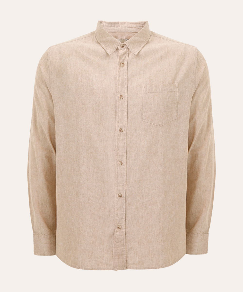 camisa comfort com linho manga longa bege