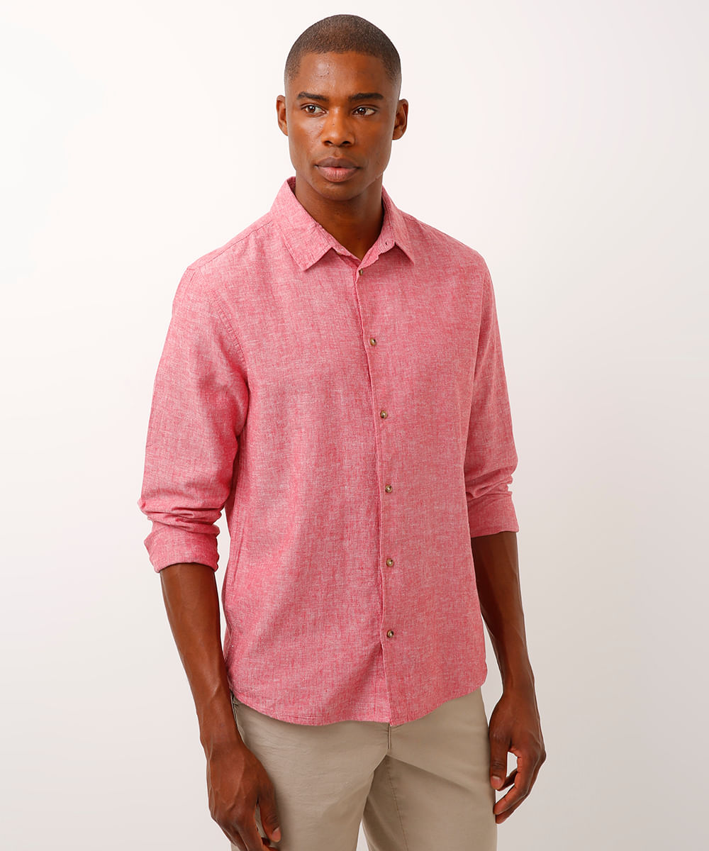 camisa de linho e algodão manga longa verde médio - rosa