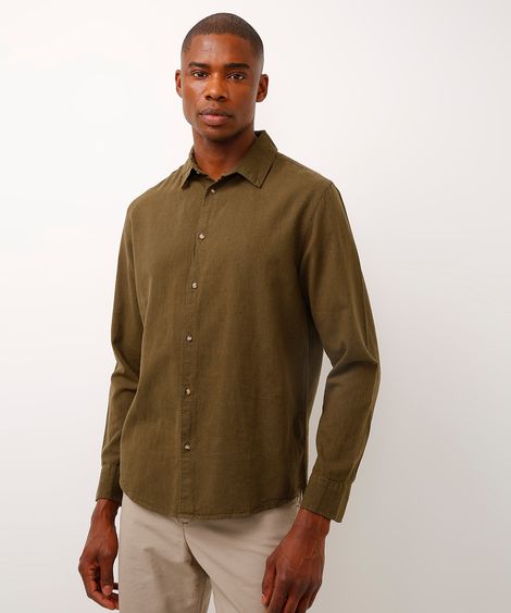 camisa de linho e algodão manga longa verde médio - verde militar