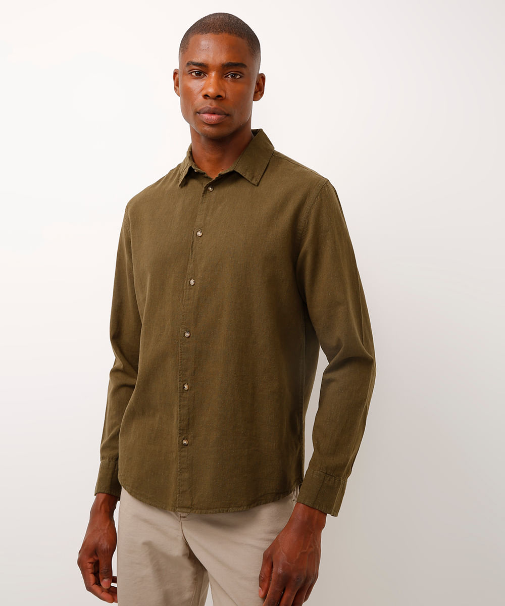 camisa de linho e algodão manga longa verde médio - verde militar
