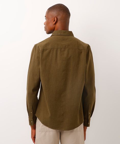 camisa de linho e algodão manga longa verde médio - verde militar
