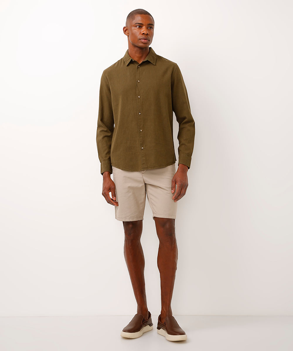 camisa de linho e algodão manga longa verde médio - verde militar