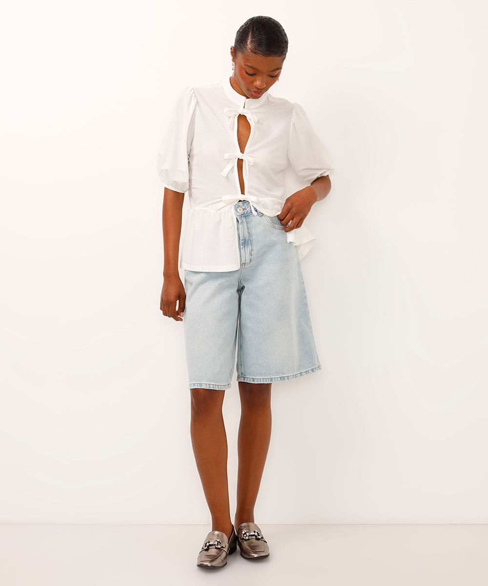 bermuda jeans jorts relaxed cintura alta azul
