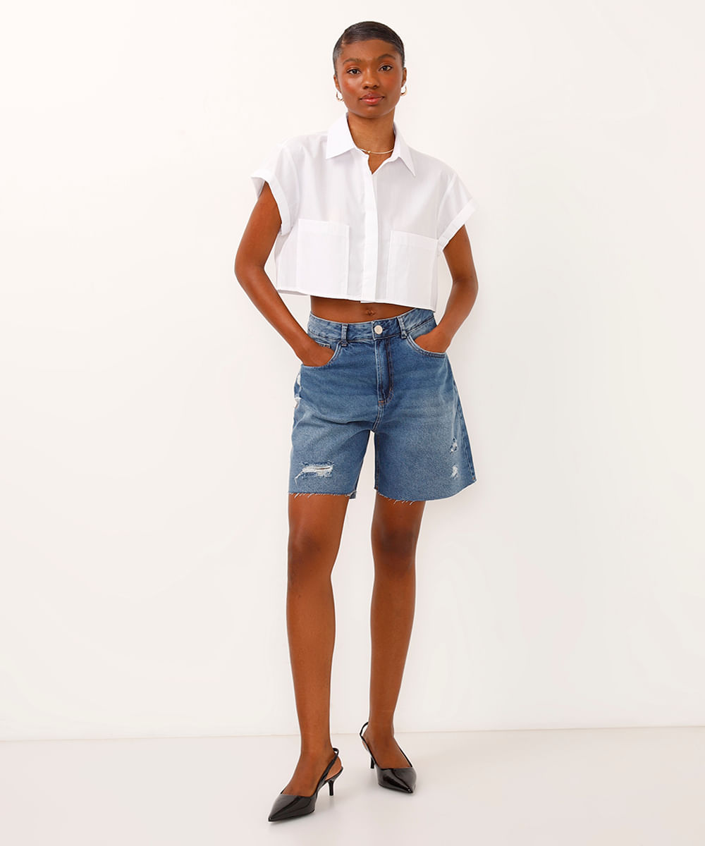 bermuda mom jeans destroyed cintura média azul