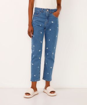 calça jeans mom bordado floral cintura super alta azul