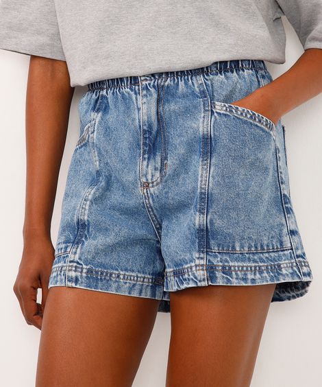 short clochard jeans cintura super alta azul