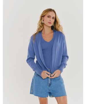 Cardigan Canelado Tricot - Azul Denim