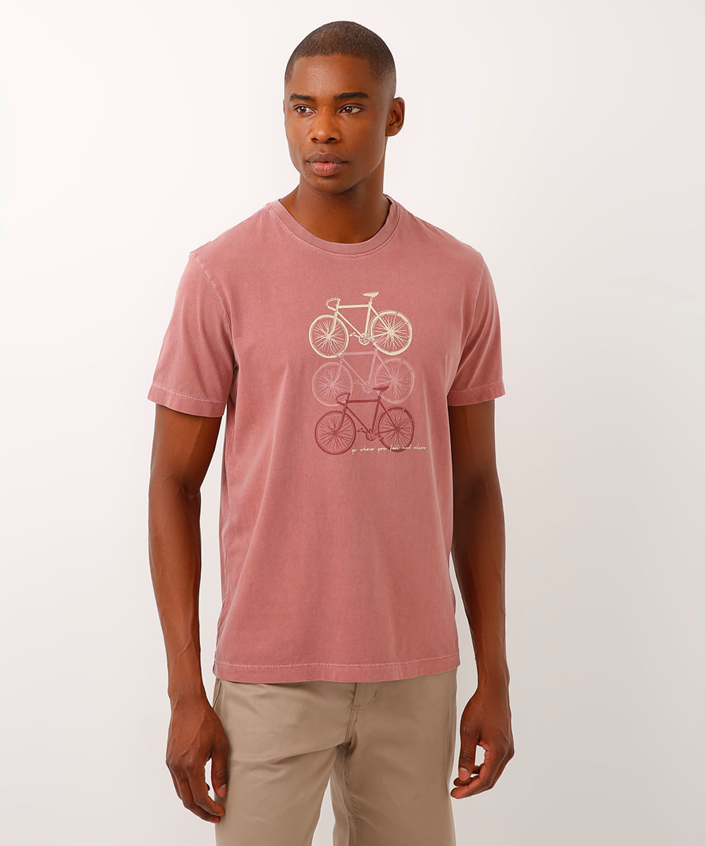 camiseta de algodão estonada bicicleta rosa
