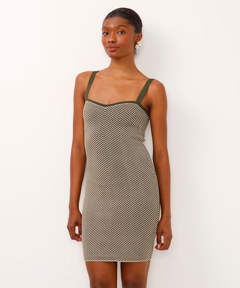 vestido curto de tricot alça fina listrado verde