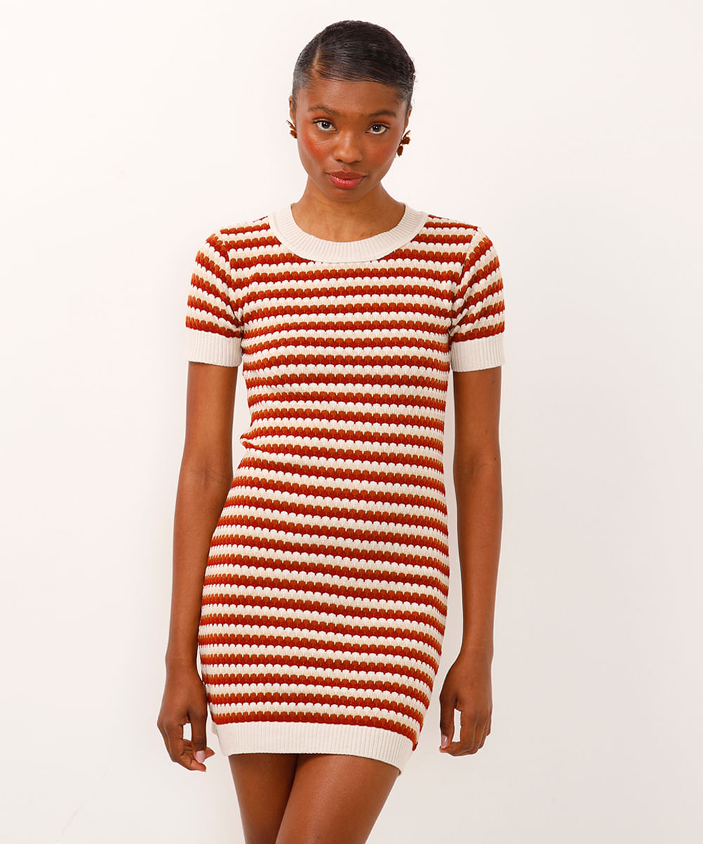 vestido de tricot curto listrado laranja