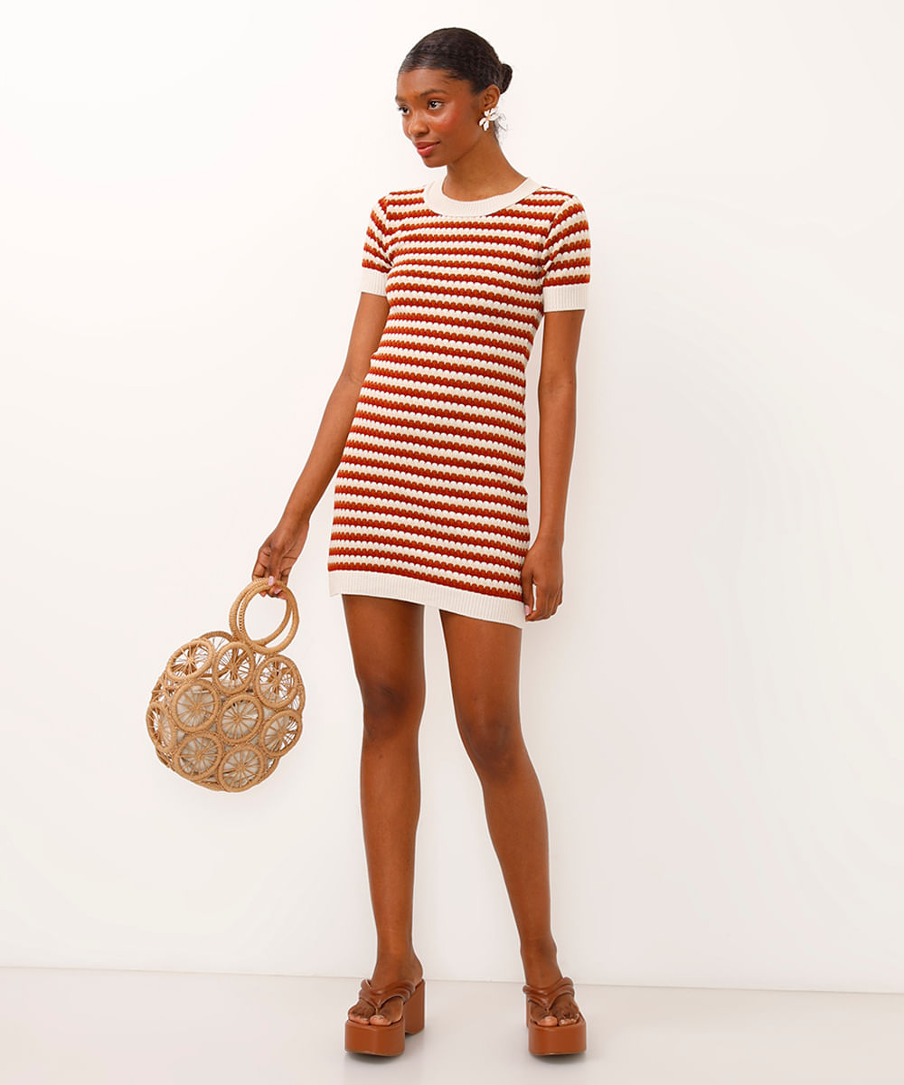 vestido de tricot curto listrado laranja