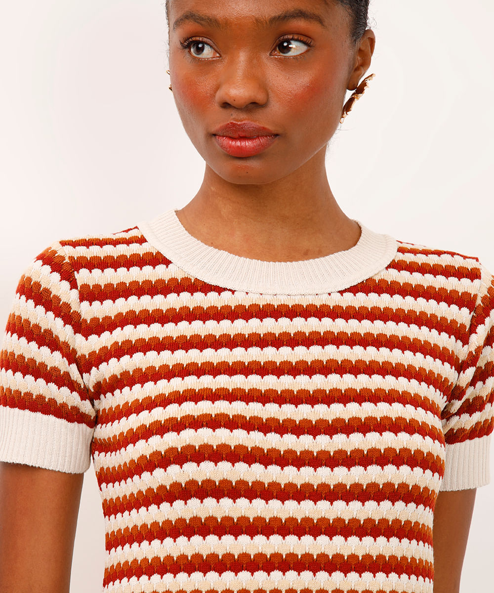 vestido de tricot curto listrado laranja