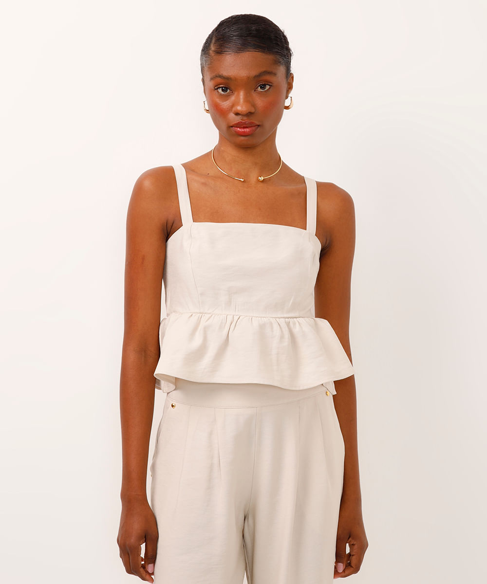 cropped de viscose com babados bege