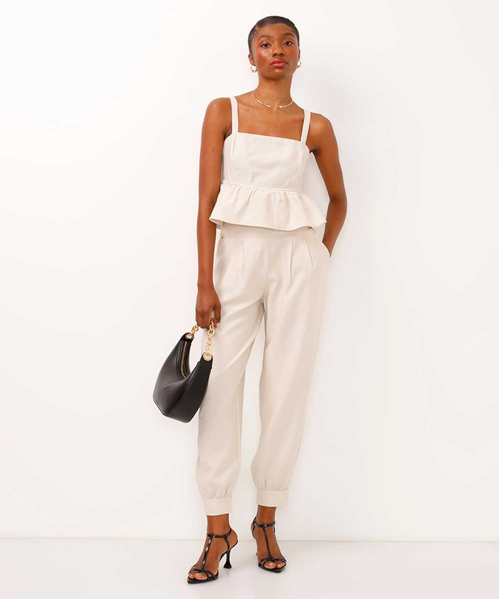 cropped de viscose com babados bege