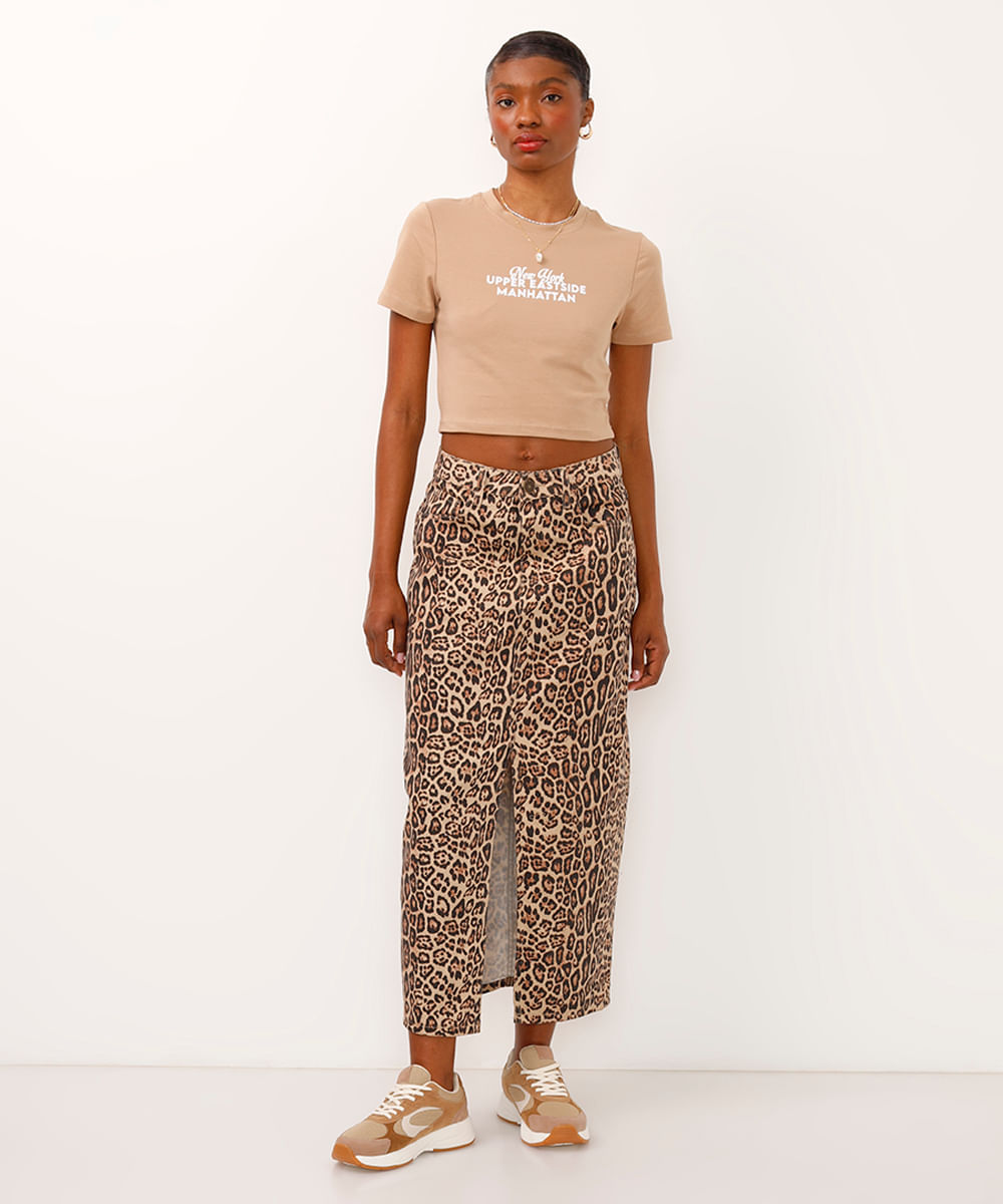 camiseta cropped de algodão new york bege