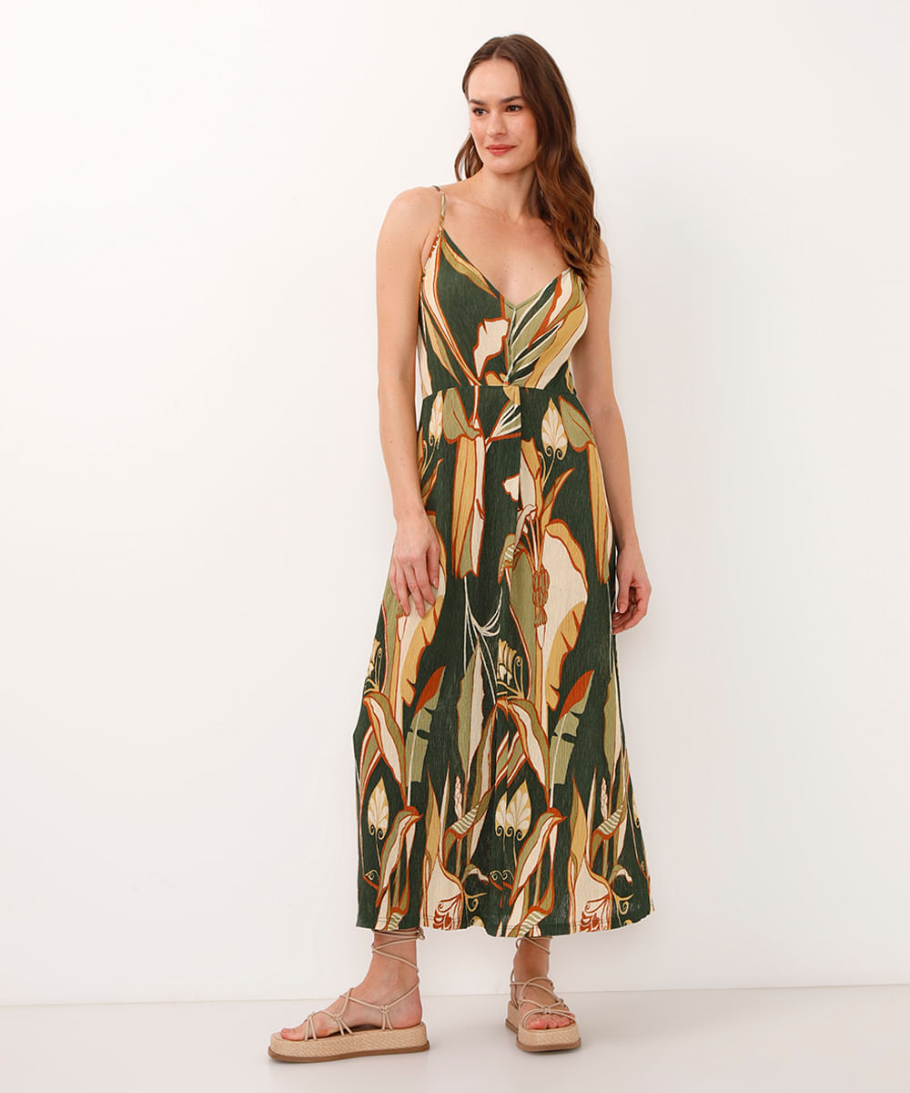 vestido midi alça fina folhagem verde